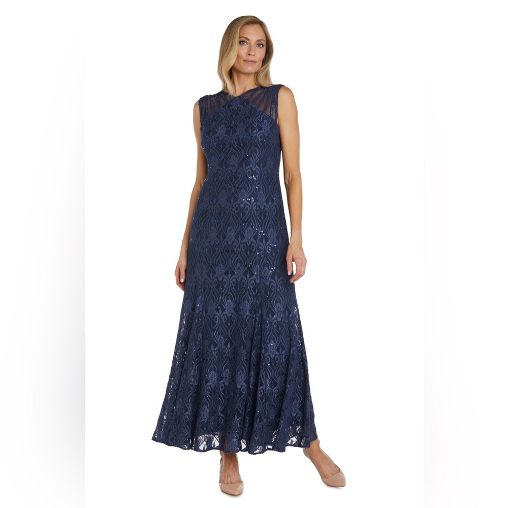Sequined Lace Gown with Sheer Inserts - Petite